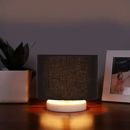 Devansh Black & White Textured Cotton Table Lamp With Wooden Base-24