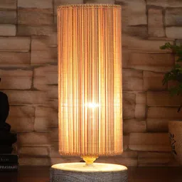 Devansh Beige & White Textured Bamboo Table Lamp With Wood Base image 5