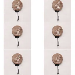 IndianShelf Brown & White 6 Pieces Pigeon Printed Wooden Wall Hooks-9