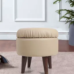 THE HOME CO. Cream-Colored Wooden Round Sitting Pouffe Ottoman Stool-52