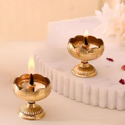 CraftVatika Gold-Toned 2 Pieces Textured Lotus Flower Diyas-31