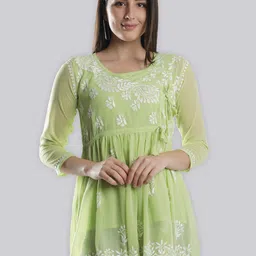 Seva Chikan Ethnic Motifs Embroidered Chikankari Angrakha A Line Kurti With Slip-picture-56