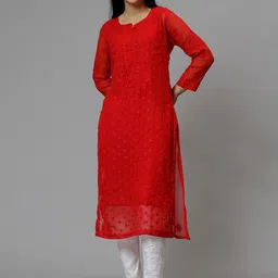 Seva Chikan Floral Embroidered Notched Neck Lucknowi Chikankari Georgette Straight Kurta-picture-29