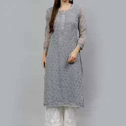 Seva Chikan Floral Embroidered Notched Neck Lucknowi  Chikankari Georgette Kurta-image-35