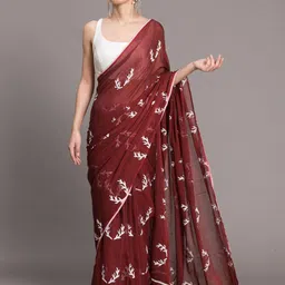 Suta Maroon White Hand Blocked Pure Cotton Saree-picture-36
