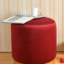Shadowkart Red Wooden & Velvet Round Ottoman-7