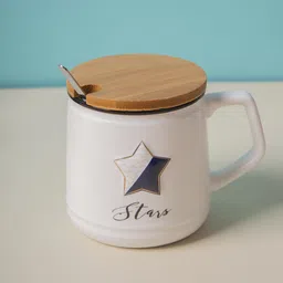 MARKET99 White & Brown Printed Porcelain Glossy Mug With Lid & Spoon 360 ml-9