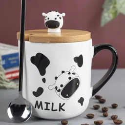 MARKET99 White & Black Printed Ceramic Glossy Mug With Lid & Spoon 450 ml-38