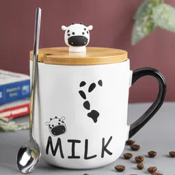 MARKET99 White & Black Printed Porcelain Glossy Mug With Lid & Spoon 450 ml-6