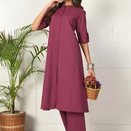 KALINI Striped Regular Thread Work Pure Cotton A-line Kurta With Pyjamas image 2