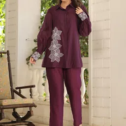 EverBloom Embroidered Long Sleeves Shirt With Trousers-image-13