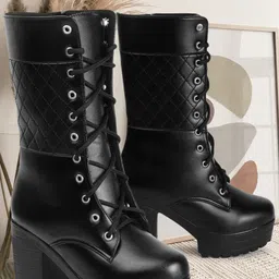Killer Women Calf High Embroidery Detailed Lace-up Boots-37