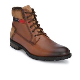 Delize Men Tan Perforations Leather Flat Boots-image-14