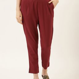 Jaipur Kurti Women Maroon Pure Cotton Solid Regular Fit Cropped Trousers-image-42