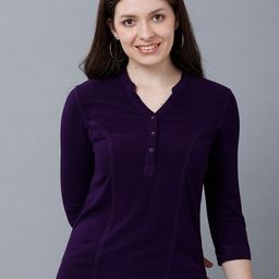 IDENTITI Women Purple Mandarin Collar Roll-Up Sleeves Top-image-55