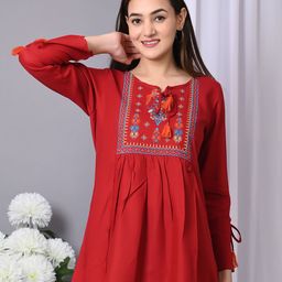 IQRAAR Floral Tie-Up Neck Embroidered Longline Top-picture-17