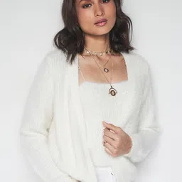 AND Women Striped with Fuzzy Detail Open Front Sweater with Crop Top-image-5