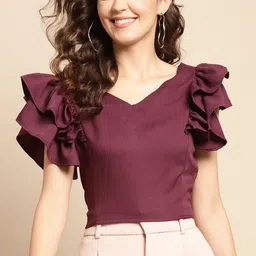 WoowZerz Burgundy Ruffles Cropped Back Bow Top-picture-2