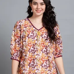 MOJILAA Floral Printed Puff Sleeve Gathered or Pleated Schiffli Blouson Top-14