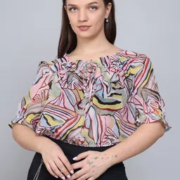 Baawri Tropical Print Square Neck Short Puff Sleeves Blouson Top-image-52