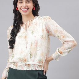 Latin Quarters Floral Print Tie-Up Neck Cuff Sleeve Blouson Top-image-53