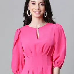 Oxolloxo Keyhole Neck Puff Sleeves Gathered Peplum Top-picture-28