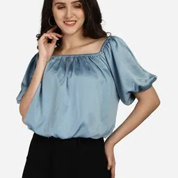 Smarty Pants Women Blue Solid Satin Blouson Top-image-79