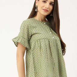 DECKEDUP Women Green & White Abstract Printed Pure Cotton Top-16