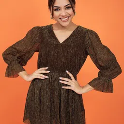 Justin Whyte Textured V-Neck Long Bell Sleeve Fit & Flare Top-image-78