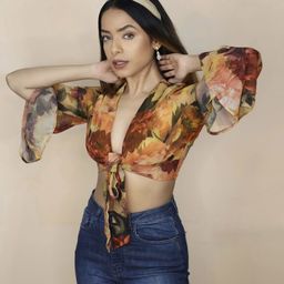 SASSAFRAS Women Chic Rust Floral Cropped Top-image-77