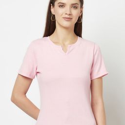 GLITO Ribbed Notched Neck Cotton Regular Top-image-70