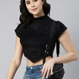 SHOWOFF Self Design High Neck Short Sleeves Crop Regular Top-image-11