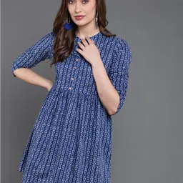 antaran Geometric Print Mandarin Collar Cotton Dress-picture-12
