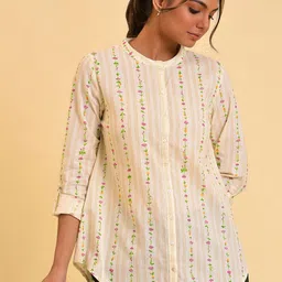 W White Floral Print Roll-Up Sleeves Cotton Top-image-20