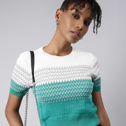 SHOWOFF Short Sleeves Round Neck Self Design Fitted Regular Top-image-31