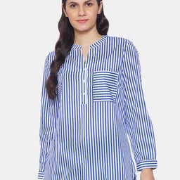 IX IMPRESSION Blue & White Striped Mandarin Collar Regular Top-image-15