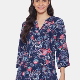 IX IMPRESSION Navy Blue Floral Mandarin Collar Crepe Regular Top-image-53