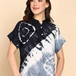 Maaesa Tie and Dye Mandarin Collar Extended Sleeves Top-image-84