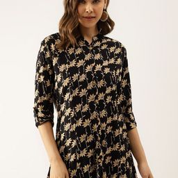 KALINI Floral Printed Mandarin Collar Roll-Up Sleeves Shirt Style Top-image-83