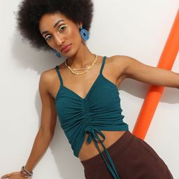 Veni Vidi Vici Green Shoulder Straps Waist Tie-Ups Ruched Fitted Crop Top-image-98
