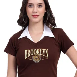 TABADTOD Shirt Collar Short Sleeves Typographic Printed Crop Top-image-60