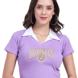 TABADTOD Shirt Collar Short Sleeves Typographic Printed Crop Top-image-83