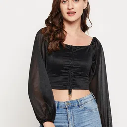 LE BOURGEOIS Women Black Solid Square Regular Crop Top-image-3