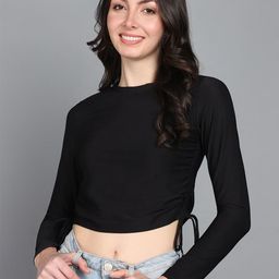 Mast & Harbour Black Round Neck Ruched Regular Crop Top-image-59