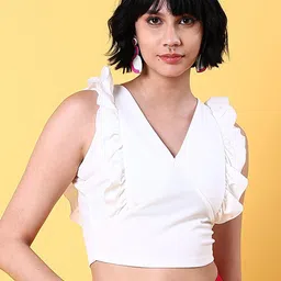 Freehand by The Indian Garage Co White V-Neck Flutter Sleeves Crop Top-image-21