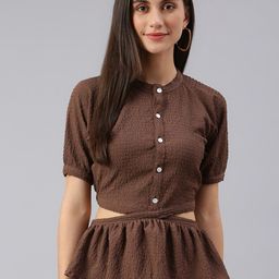 FLAMBOYANT Brown Mandarin Collar Peplum Top-image-1