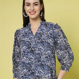 plusS Blue & White Floral Printed V-Neck Cuffed Sleeve Ruffled Shirt Style Top-picture-45