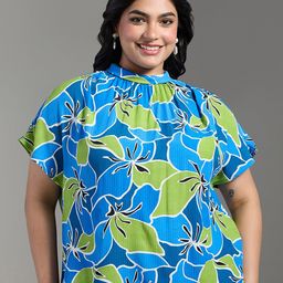 20Dresses Plus Size Blue & Green Floral Print High Neck Short Sleeves Top-image-6