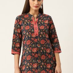 FABRIC FITOOR Navy Blue & Peach-Coloured Floral Printed Pure Cotton Kurti-image-30