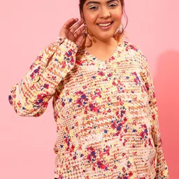 CURVY STREET V-Neck Floral Printed Cuff Sleeves Top-image-58